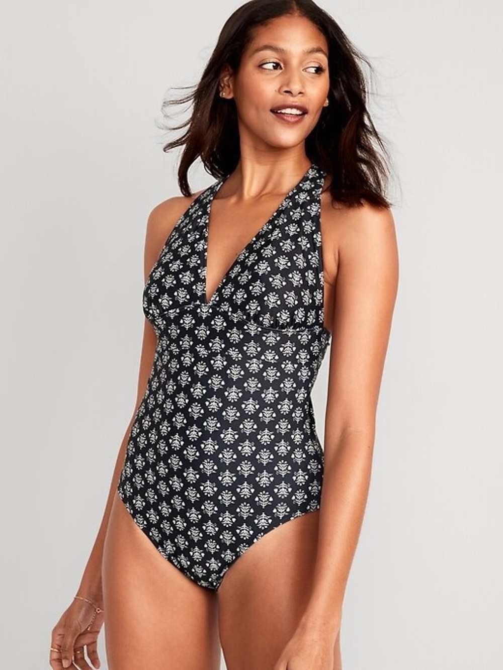 Old Navy Black Floral Halter One-Piece Swimsuit